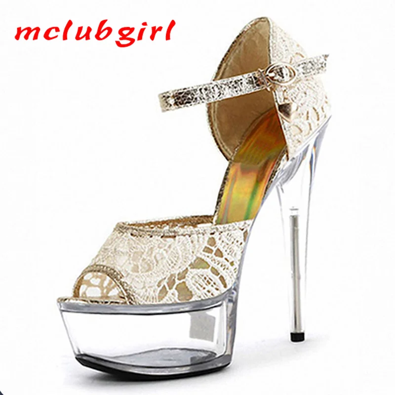 

Mclubgirl 15cm Heels Round Head Super High Heel Nightclub Hentian High Lace Women's Shoes Thick Bottom Crystal Sandals LYP