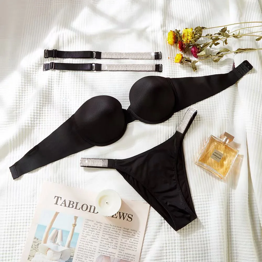 

Luxury Secrets For Sexy Women Hot Bikini Thong Underwear Women's Panties Adjustable Push Up Bra Set Letter Rhinestone Lingerie