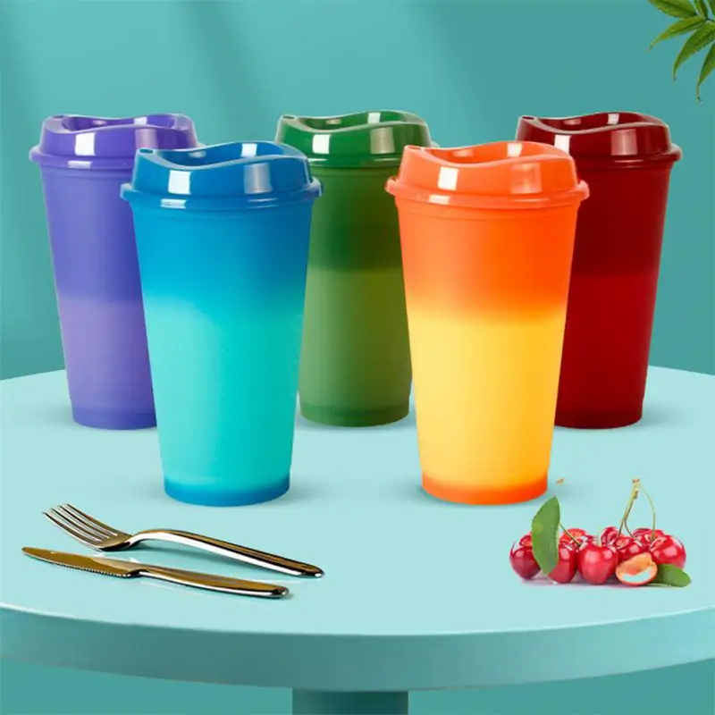 

5PCS/Set 16oz Color Changing Coffee Cup With Lid Reusable Food Grade Plastic Cup Portable Water Cup Set Coffee Tumbler Drink Mug