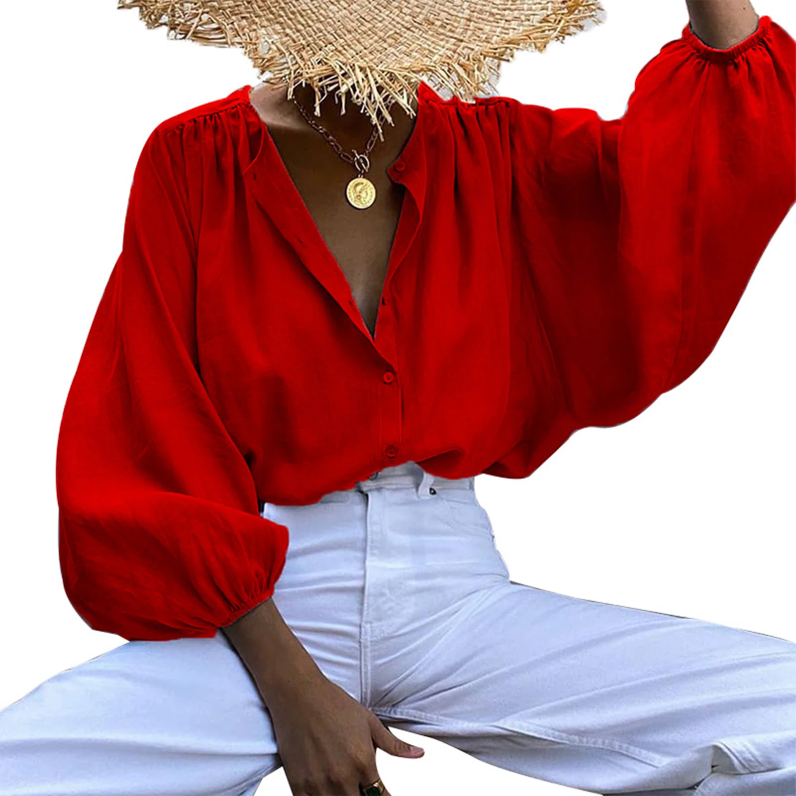 Женская однотонная блузка с рукавами-фонариками свободная однобортная рубашка