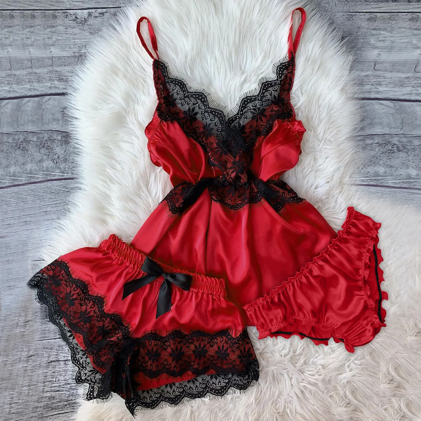 

3PC Silk Pyjamas Set Seductive Sleepwear Suit Womens Sexy V-Neck Eyelash Lace Stain Camisole Pajamas Bowknot Shorts Panties Set