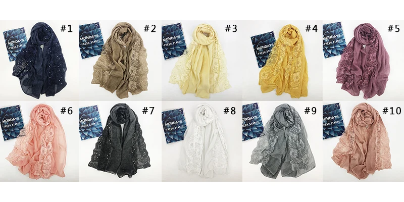 Lace floral hijab scarf plain beads cotton headband scarves wraps shawls hijab spring muslim scarf 180*80cm