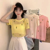 embroidery hollow round neck short sleeved sweater womens summer new korean version loose and thin short top trend