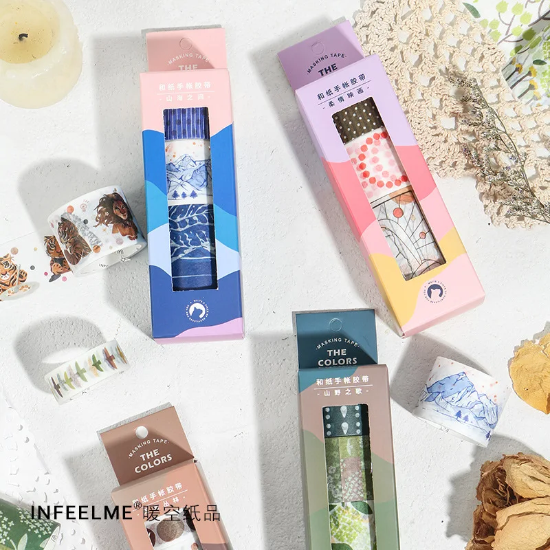 Набор маскировочной клейкой ленты 4 рулона каваи Васи Винтаж лес горы милый