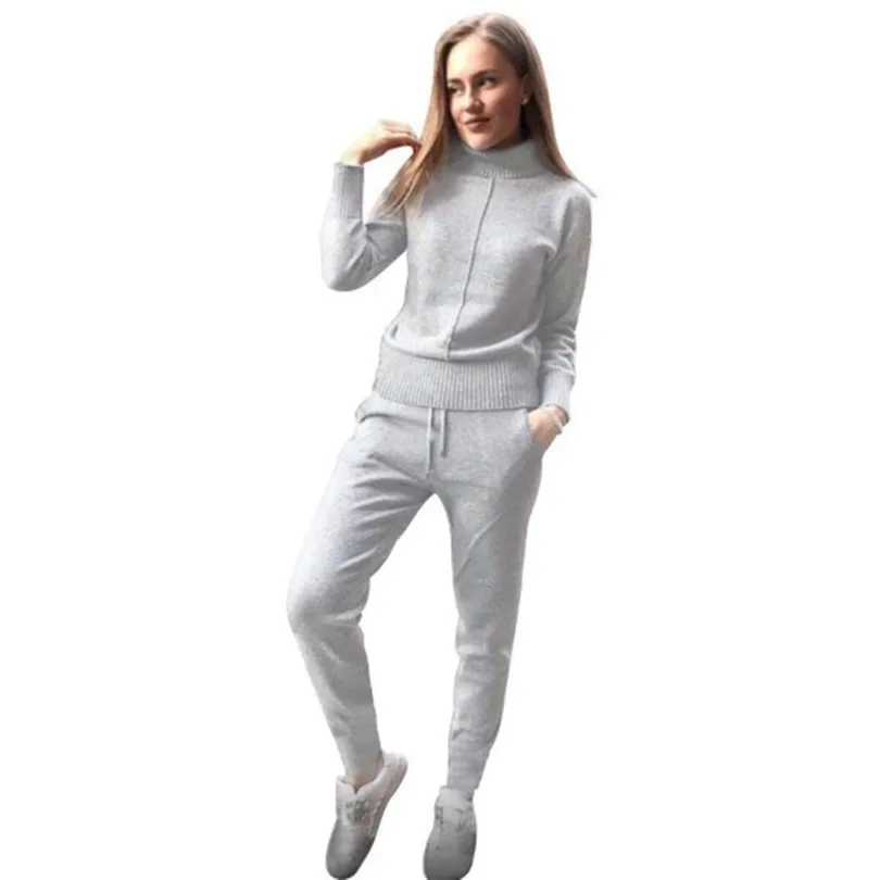 

TAOVK Women's Woolen Knitted Suit High Collar Sweater + Pants Loose Style Two-piece Set women's Knitted Costume tracksuit