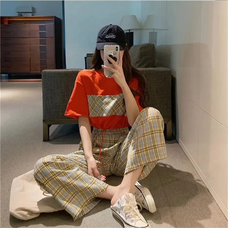 

Summer Casual women Solid two piece set korean Fashion O-Neck Patchwork Plaid short Sleeve top+Elastic Waist Wide Leg Pants