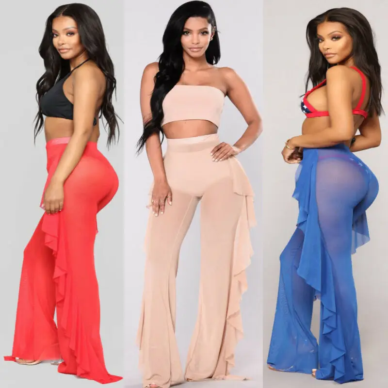 Hot Plus Size Women Mesh Sheer Cover Up Long Pant Trousers Beach Swimwear Solid Loose Pants 7 Colors S-XXL | Женская одежда