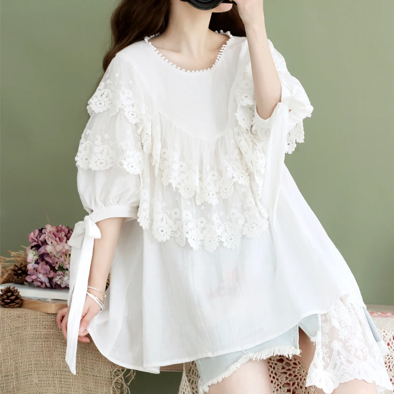 Design Spring Original Summer Women Cotton Ladies Fresh Mori Girl Embroidery Lace Patchwork Sweet White Shirts