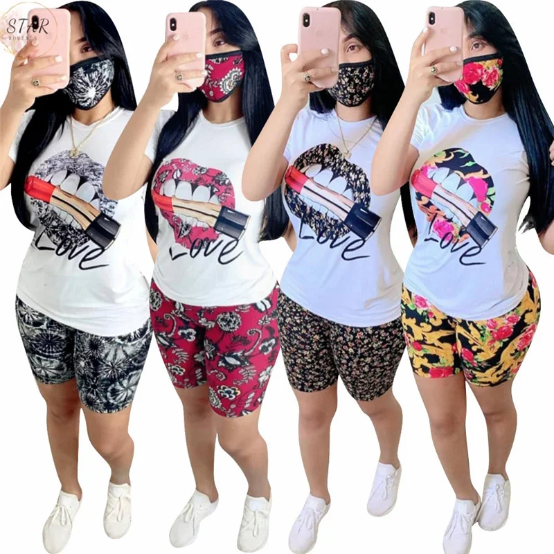 

2 Piece Sets Womens Outfits Summer Clothes Lip Print Tshirt CropTop Shorts Sets Tracksuit New Matching Set Wholesale Dropshpping
