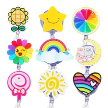 Nurses Badge Reel Badge Holder Clip Retractable ID Badge Holder with Alligator Clip Star Sunflower Sweet Rainbow Style