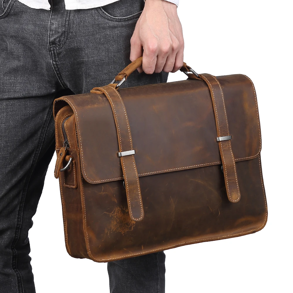 Retro Casual Genuine Leather Briefcases Crazy Horse 14 Inch Laptop Bag Cowhide Handbag Ipad Crossbody for Man |