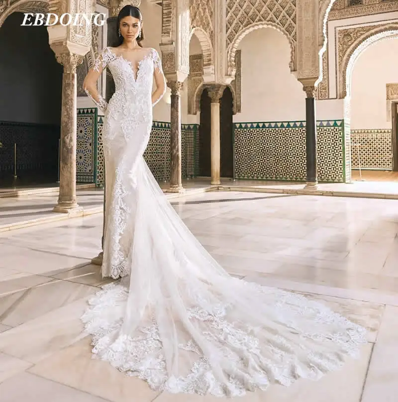 

Newest Wedding Dress Mermaid Lace Deep V-Neck Neckline With Long Open-Back Full Sleeves Bride Dress 2022 Vestidos De Novia