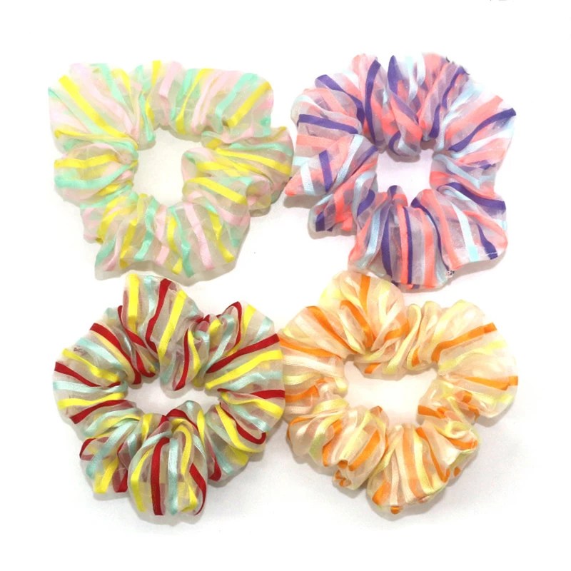 Новые модные женские милые резинки для волос из органзы красочные полосатые