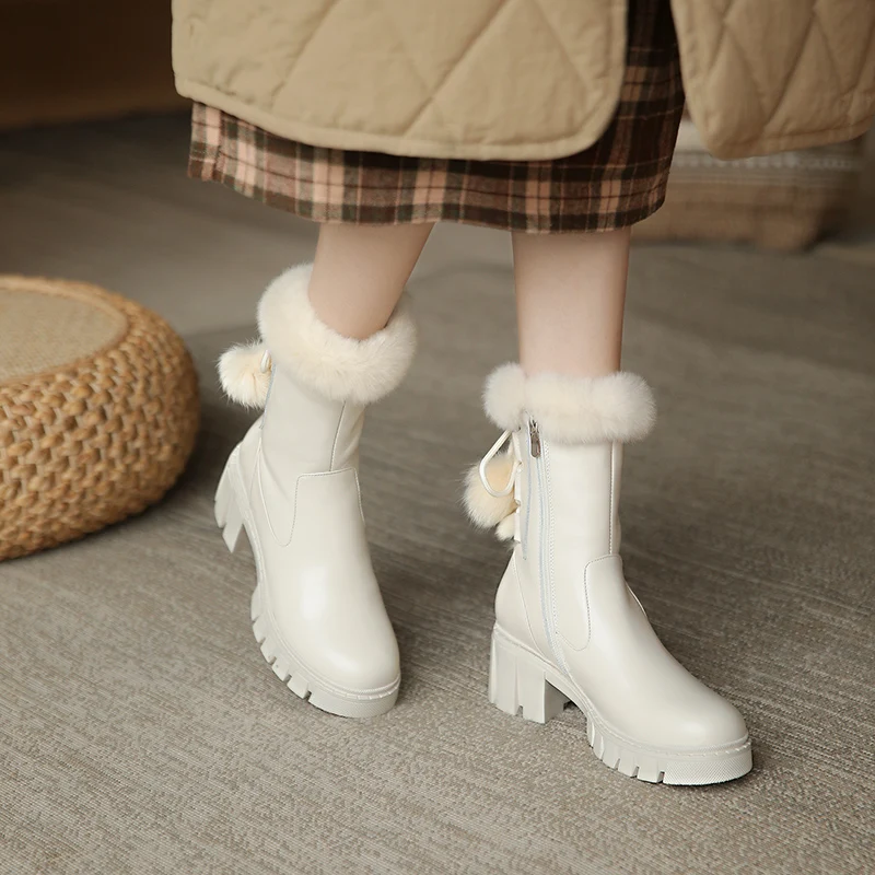 

MORAZORA 2021 New Arrival Women Boots Genuine Leather Winter Snow Boots Square Heels Round Toe Thick Fur Ankle Boots