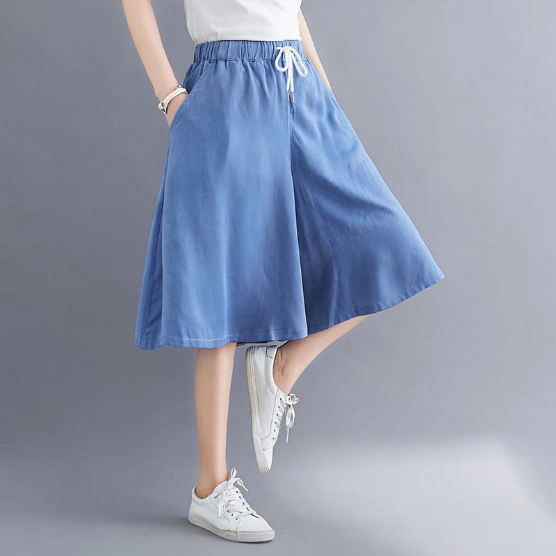 

Lazy Wind Oversized Hight Elastic Waist Blue Tencel Thin Loose Wide Leg Pants With Pockets Solid Half Length Casual Trousers