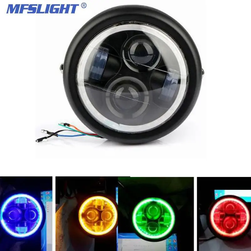 6.5 Cafe Racer Motorcycle Headlight Bracket Angel Eyes Hi&ampLo Beam Headlamp Led Round Motor Head Lights Assembly |
