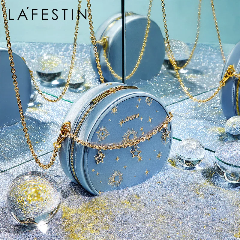

LA FESTIN 2020 summer new fashion haze blue silk embroidery small round bag chain shoulder messenger female bag