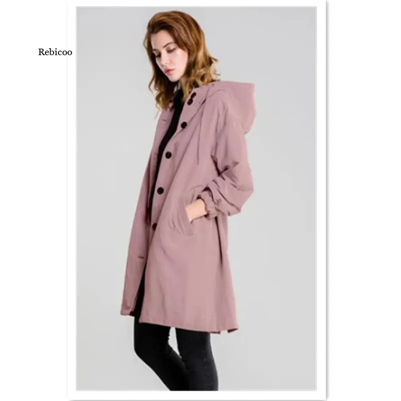 

Women's Loose Button Casual Windbreaker Jacket Hooded Waist Long Windbreaker Long Sleeve Windproof And Waterproof Jacket
