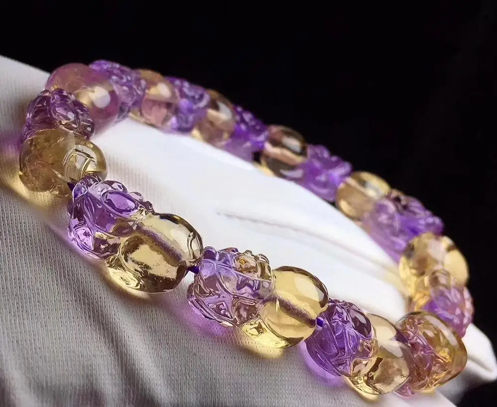 Günstig Natürlichen Ametrin Quarz Gelb Lila Armband Klar Männer Frauen Pi Xiu Perlen 19x11x10mm Stretch Kristall Echtes AAAAA