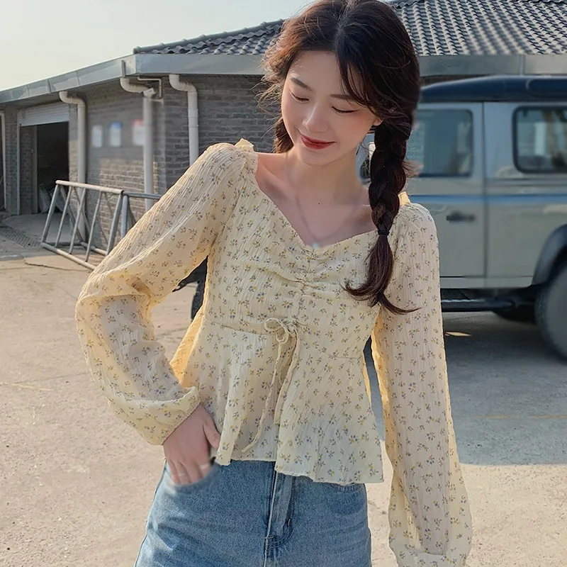 

Women Blouses Spring Floral Print V Neck Slim Blouse Female Sweet Chiffon Long Sleeves Shirt