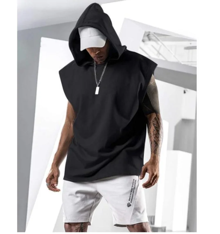 

Men Fitness Tank Top 2021 Summer Muscle Solid Sleeveless Tank Top Men Gym Clothing Hooded Bodybuilding Tight-drying Vest Tops