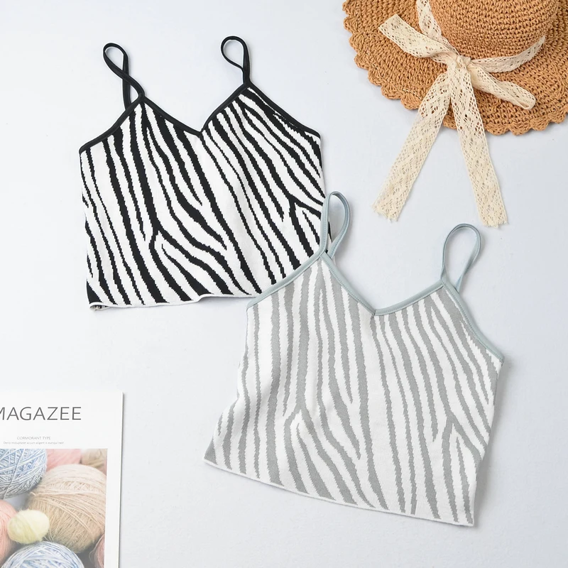 

Women Graphic Striped Crop Top Knitted Zebra Stripes Tank Camis Spaghetti Strap Summer Top Cropped Female Night Club Streetwear