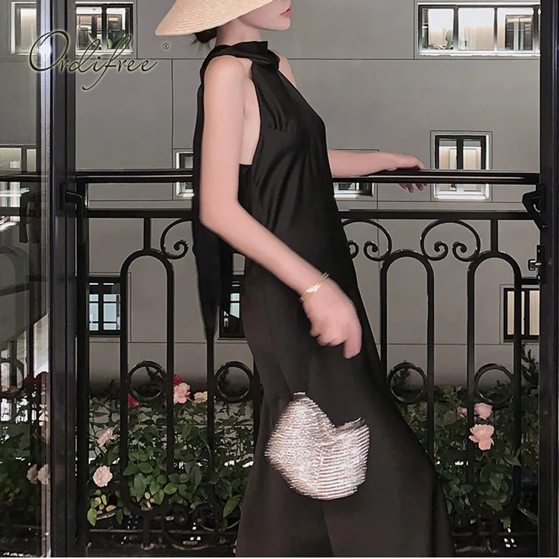 Женское длинное вечернее платье Ordifree элегантное черное атласное