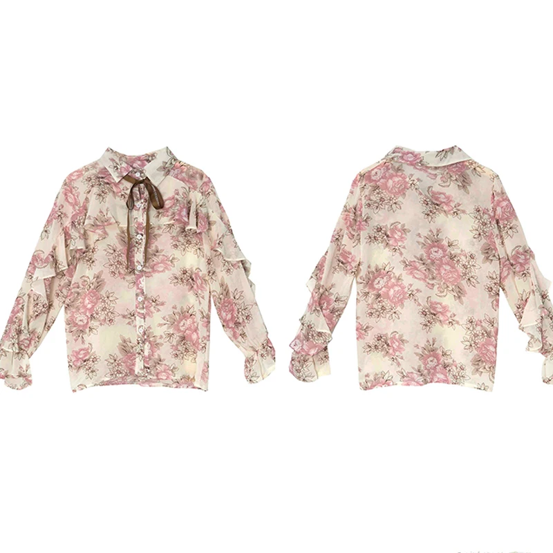 

Korean Ladies Tops Blusas Mujer 2021 Office Chiffon Cardigan Shirts Women New Autumn Puff Long Sleeve Floral Women Blouse 10449