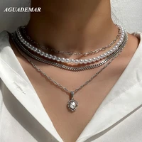 boho white pearl beaded choker necklace silver color multilayered metal clavicle chain heart necklaces for women simple jewelry