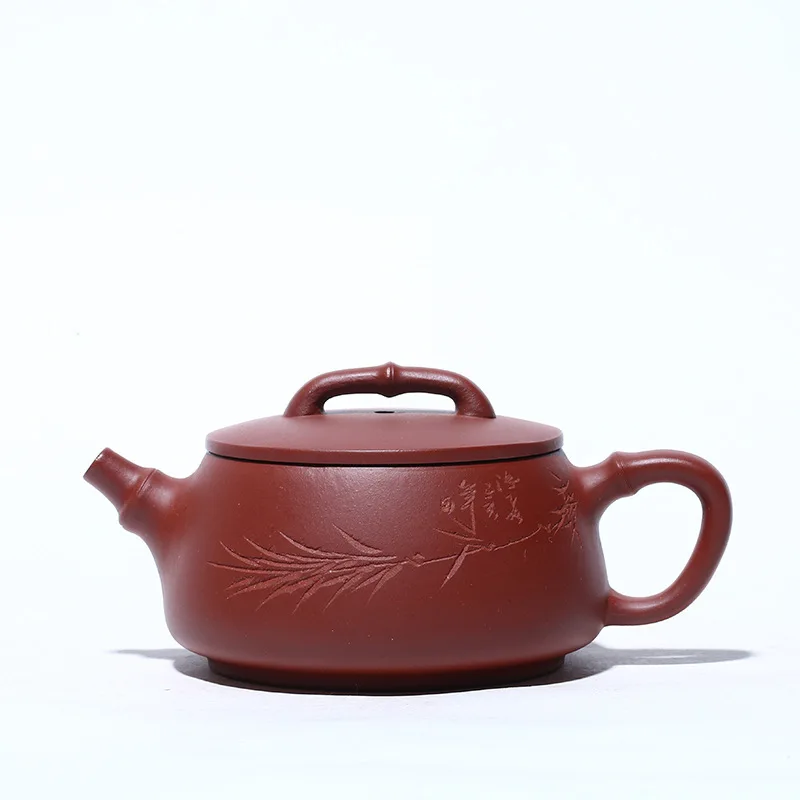 

Yixing Dark-red Enameled Pottery Teapot Famous Manual Carved Bamboo Section Shipiao Kettle Raw Ore Bright Red Robe Tea Set