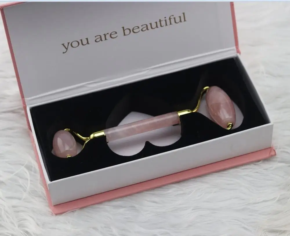 rose roller with box Розовый КВАРЦЕВЫЙ нефритовый роликовый массажный прибор для массажа лица ролик для лица Массажер для похудения лица массажер для головы шеи - Цвет: rose roller with box