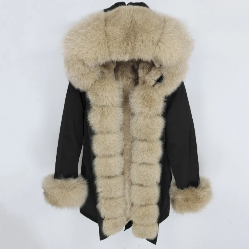 OFTBUY, водонепроницаемая парка, натуральное меховое пальто, зимняя куртка для женщин, воротник из натурального меха енота, капюшон, подкладка из натурального кроличьего меха, съемная - Цвет: black beige
