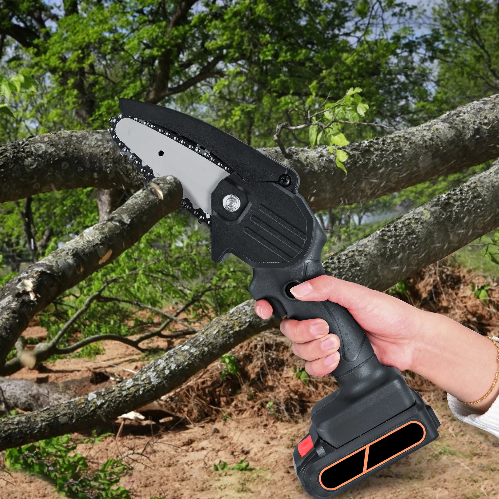 

4-Inch Cordless Electric Mini Chainsaws Portable Handheld Black Electric Saw for Tree Branch Wood Cutter Garden Power Tools