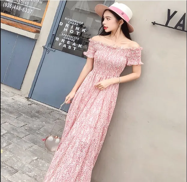 2020 Летнее Длинное Платье с принтом и открытыми плечами Женское макси эластичной