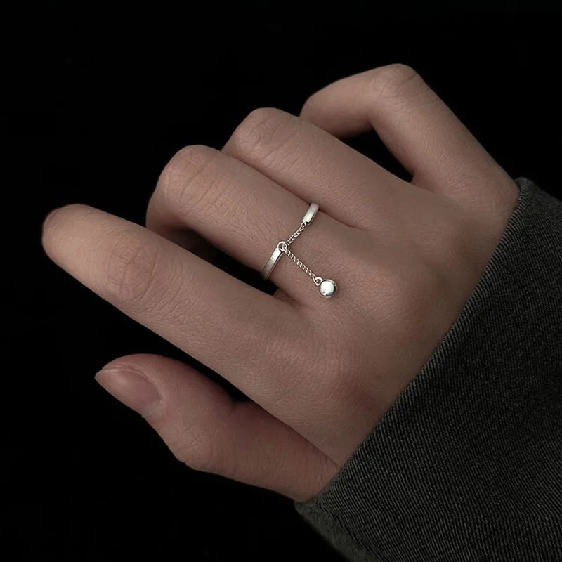 

New 2021 Simple Tassel Silver Color Chain Bead Pendant Resizable Rings for Women Girls Romantic Circle Geometric Luxury Jewelry