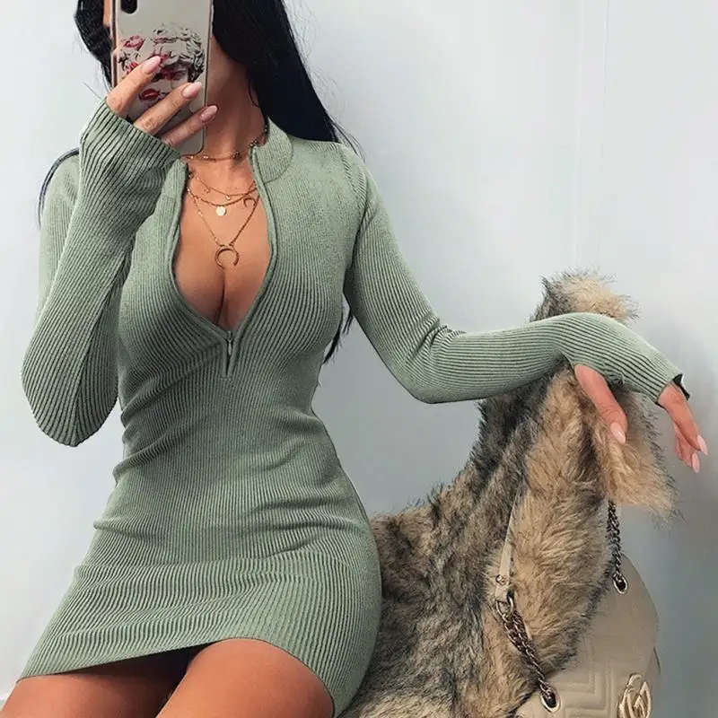 

Neckline Zipper Sexy Dresses For Women Party Spring Winter Knitted Long Sleeve Fashion Office Lady Casual Dress vestido de mujer
