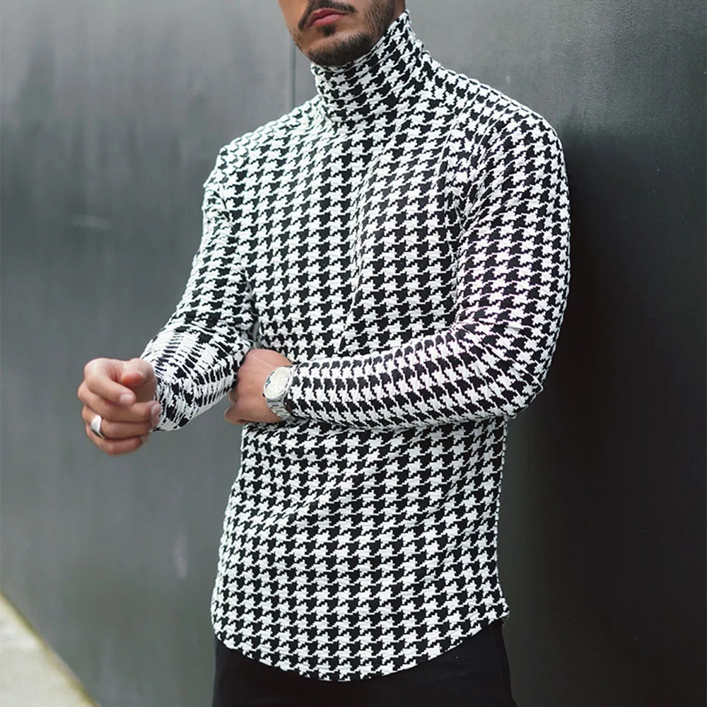 

Men Houndstooth Print Slim T-shirt Casual Turtleneck Tee Autumn Spring 2021 Long Sleeve T Shirts Basic Pullover Simple Tops Male