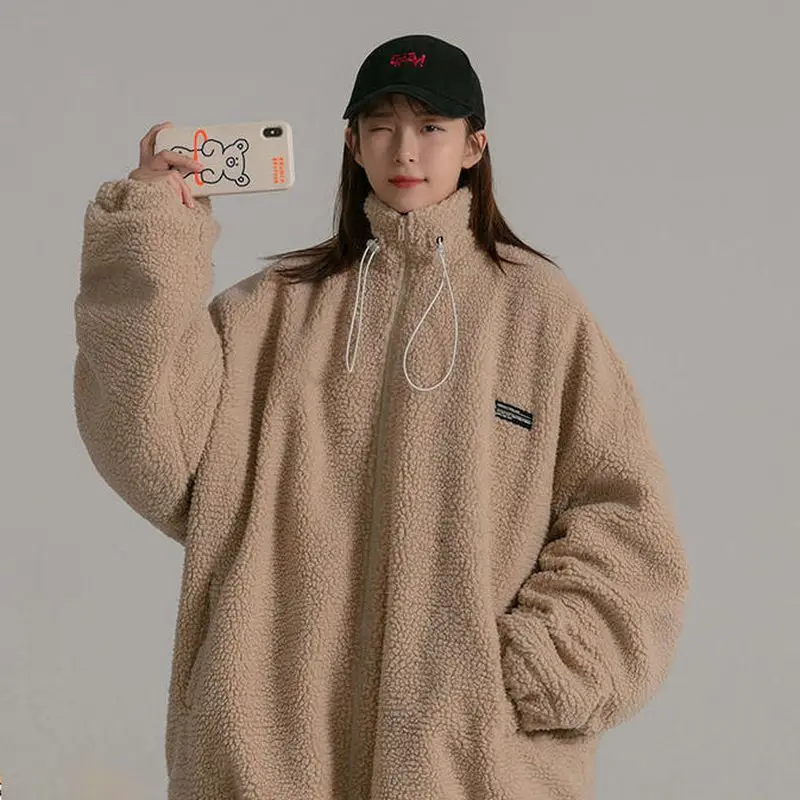 

Harajuku solid turtleneck sweatshirts jacket female clothes 2021autumn winter new preppy style lamb plush thick warm cotton coat