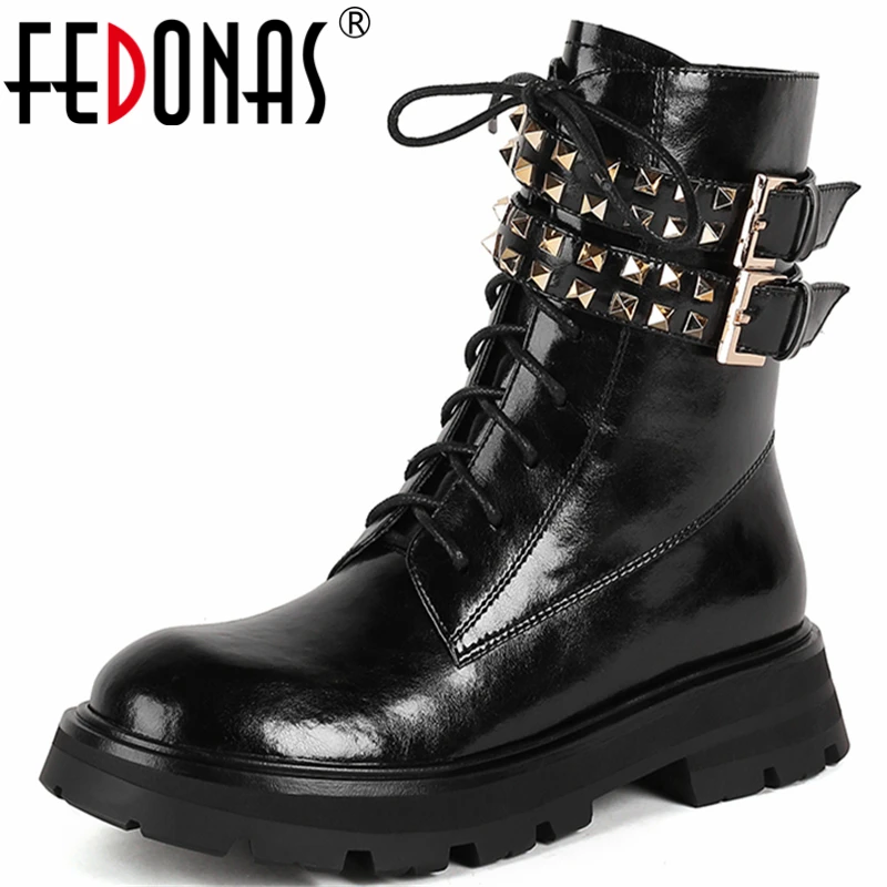 

Женские ботинки в байкерском стиле FEDONAS, с заклепками, из натуральной кожи, на осень и зиму