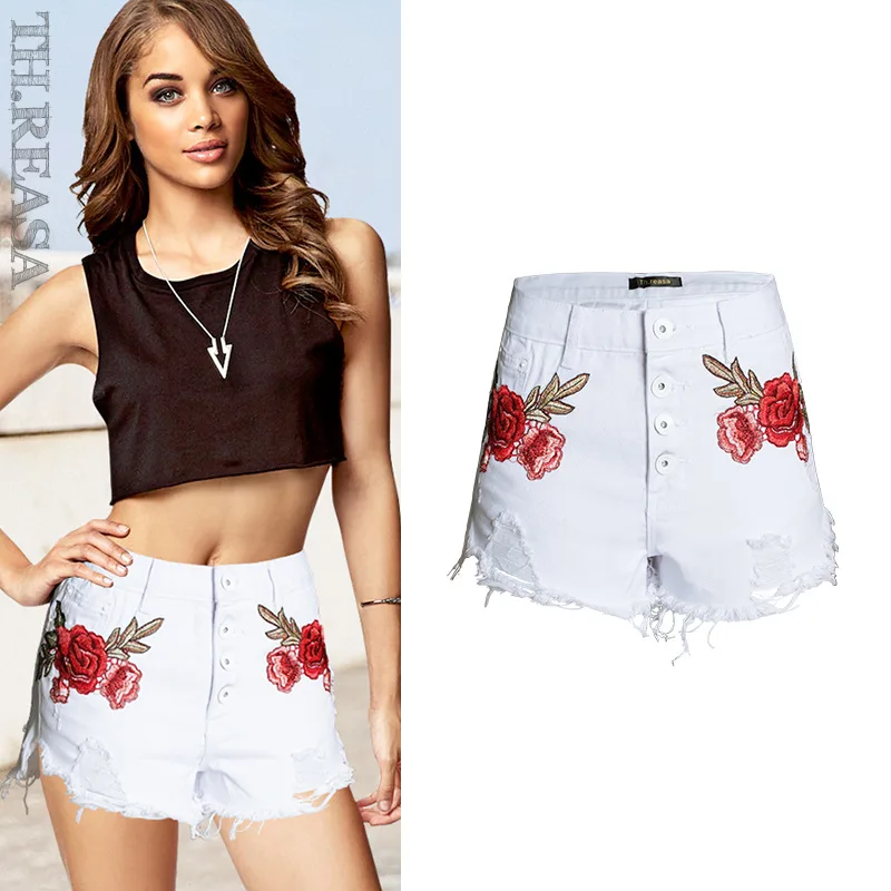 Spring and Summer Hot Hole Pants Female Beard Denim Shorts Women High Waist Embroidery White Jeans