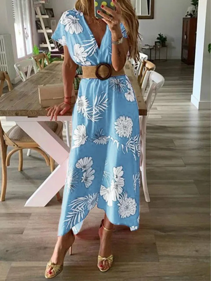 

Woman Printed Short-Sleeved Dress Ankle Mid-Waist V-Neck Long Vestido Street Style Summer Big Swing Women's Robes 2021 New