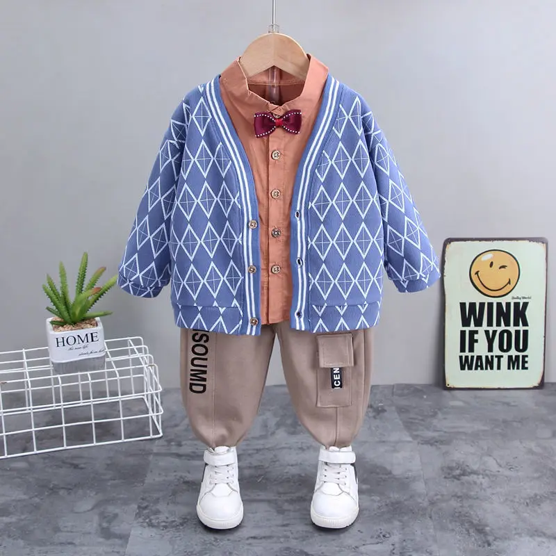 

Boys spring and autumn suits baby clothes 0-5 years children's 3-piece suit Diamond check Sweater cardigan+bow tie shirt+pants