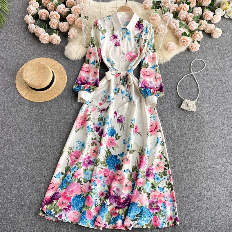 

Новинка Осень 2021, платья Wmen с цветочным принтом, длинные однобортные платья-рубашки макси с отложным воротником и длинными рукавами-фонарик...