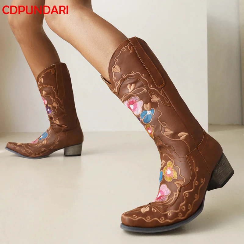 

Embroidered Floral Med Heels Calf Boots Women Autumn Winter Punk Western Cowgirl Boots Party Shoes Botas Camperas Mujer