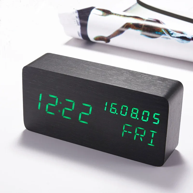 

Household Multifunctional Rectangular Wood Clock Led Electronic Sound-Controlled Wood Watch Student Wake Up Alarm Clock BS