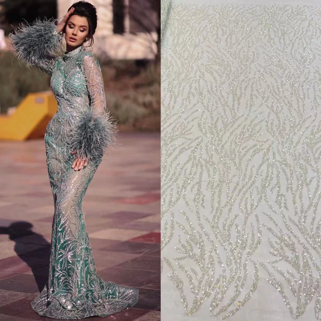 

beautiful beaded net tulle lace fabric 5yards sequins french lace fabric for lady party dress sewing material JIA7151