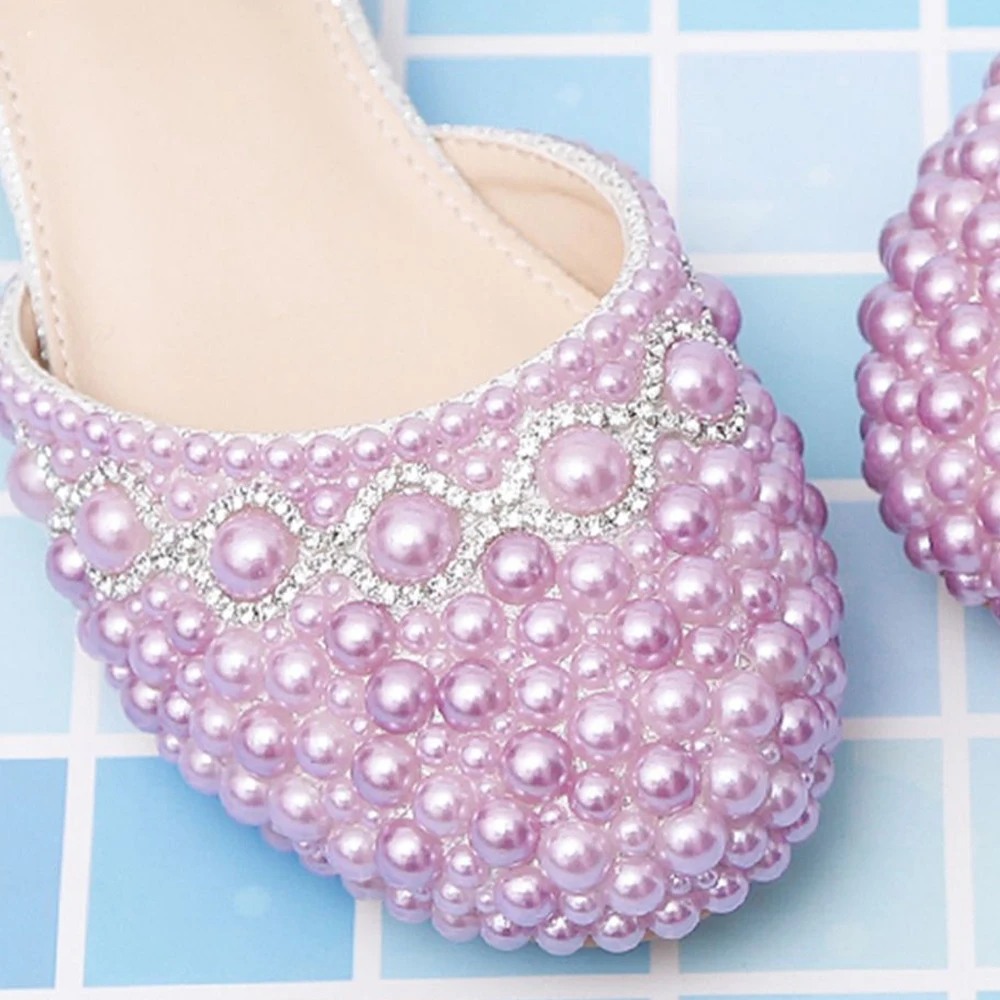 

Handmade Pearls Bling Crystal Girls Sequin Kids Summer Shoes Princess Single Casual High Heel Children's Party Wedding Shoes