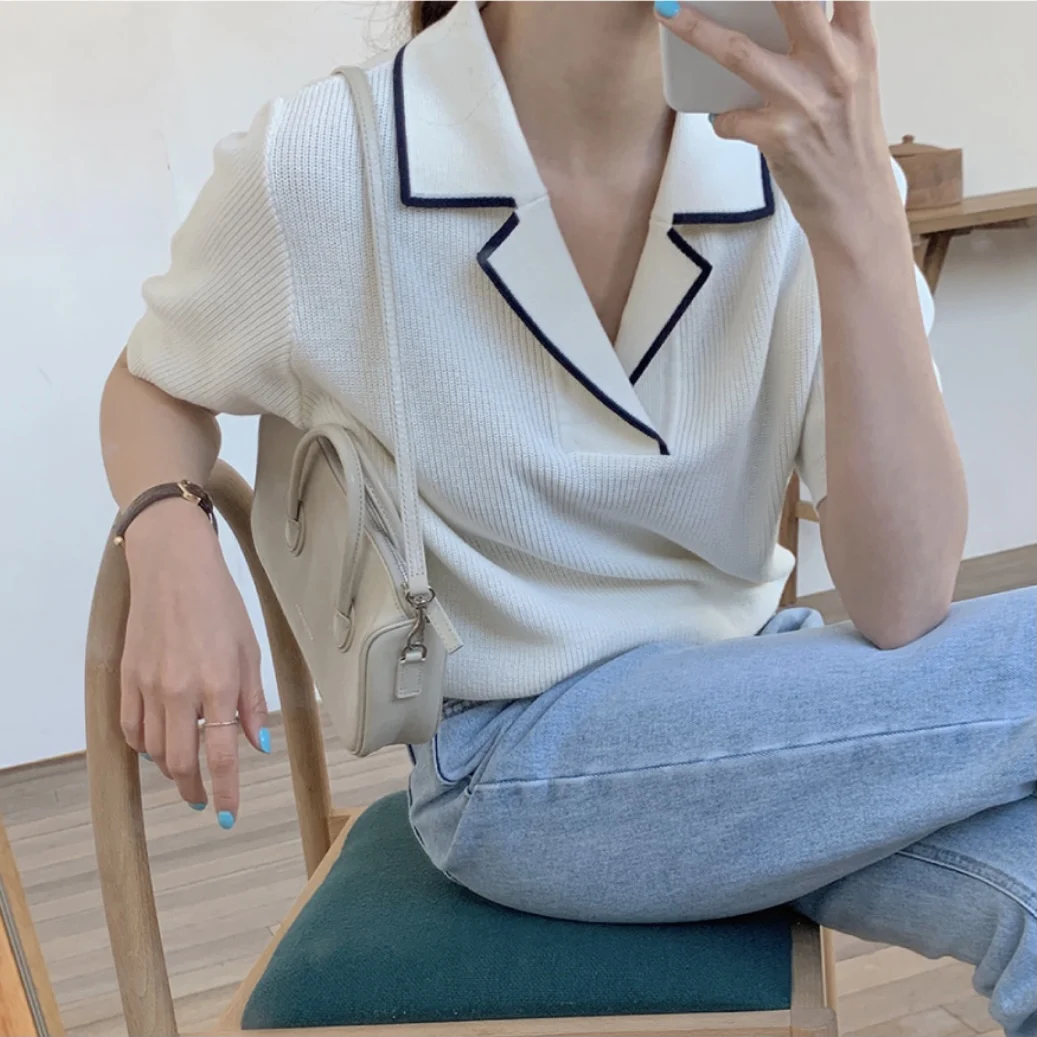 

CMAZ 2021 Summer Female Button Up Collar Polo Shirts Short Sleeve T-shirt Vintage Clothes Solid Slim Knit Top Tees 1867#