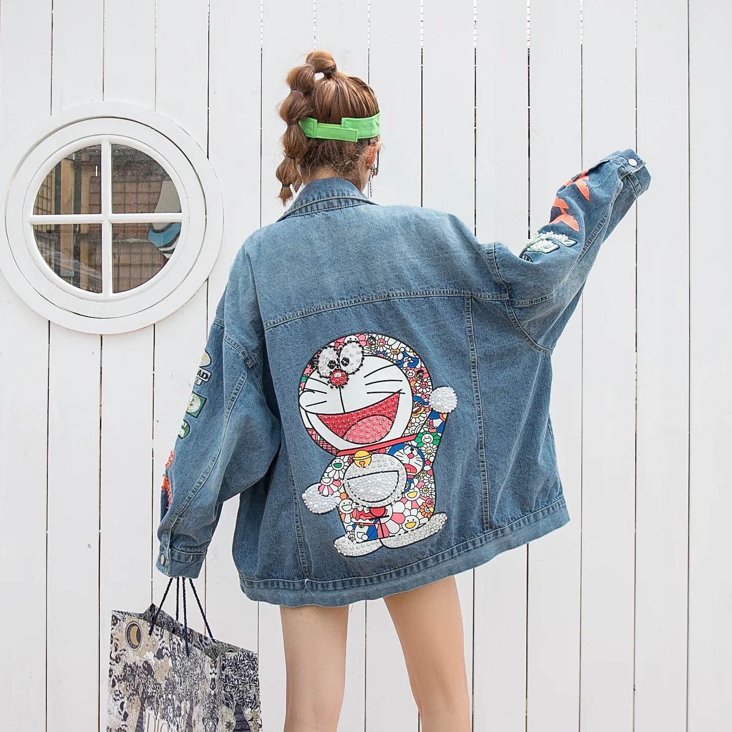 

Женская джинсовая куртка с длинным рукавом, жаккардовая Куртка Свободного Покроя в стиле хип-хоп, уличная мода в тяжелой отрасли