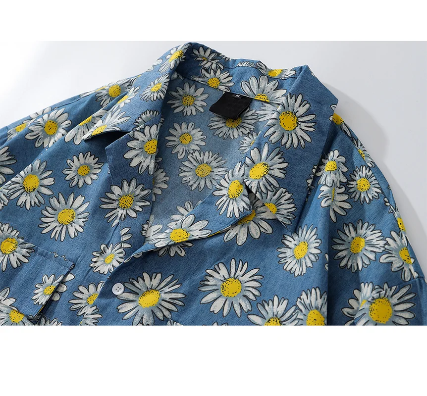 Vintage Summer Shirts for Men Daisy Flower Print Hawaiian Shirts 90s Streetwear Harajuku Korean Button Up Cotton Shirt Men Retro